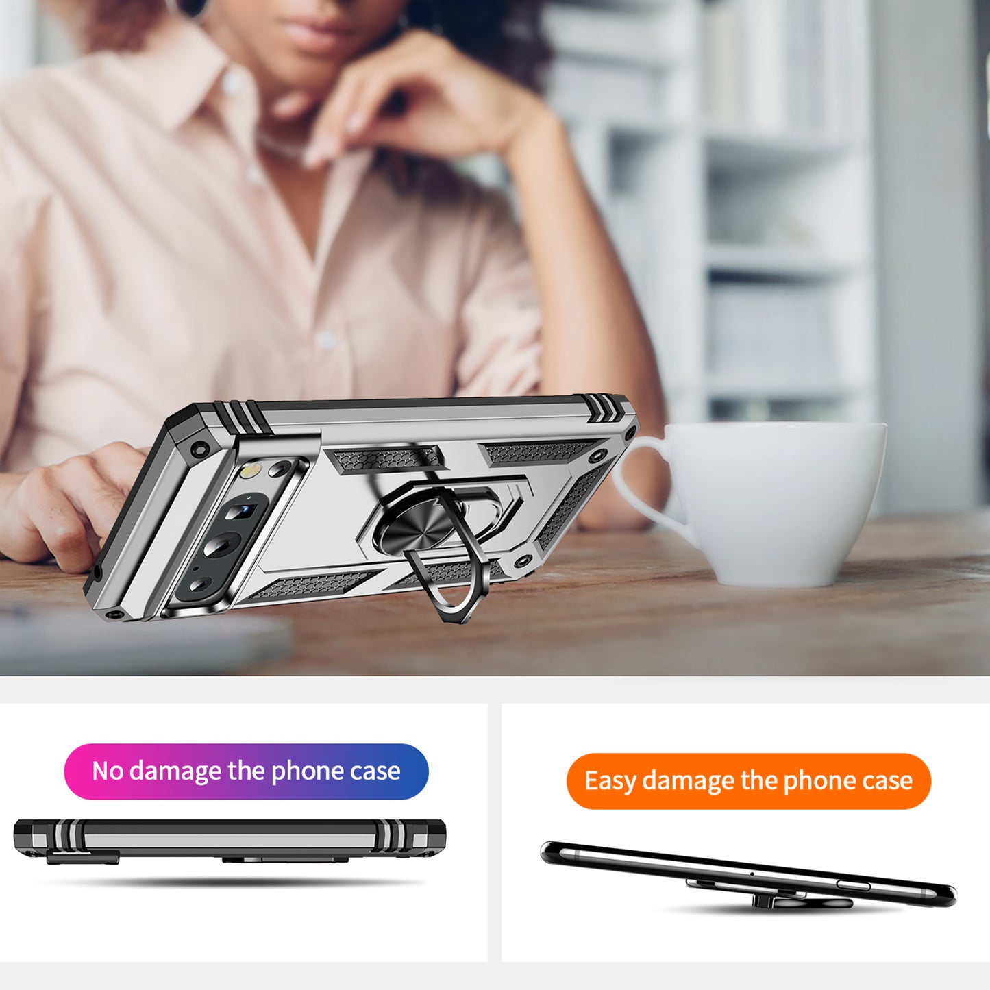 For Google Pixel 8 Pro PC+TPU Kickstand Phone Case Magnetic Car Mount Holder Phone Cover