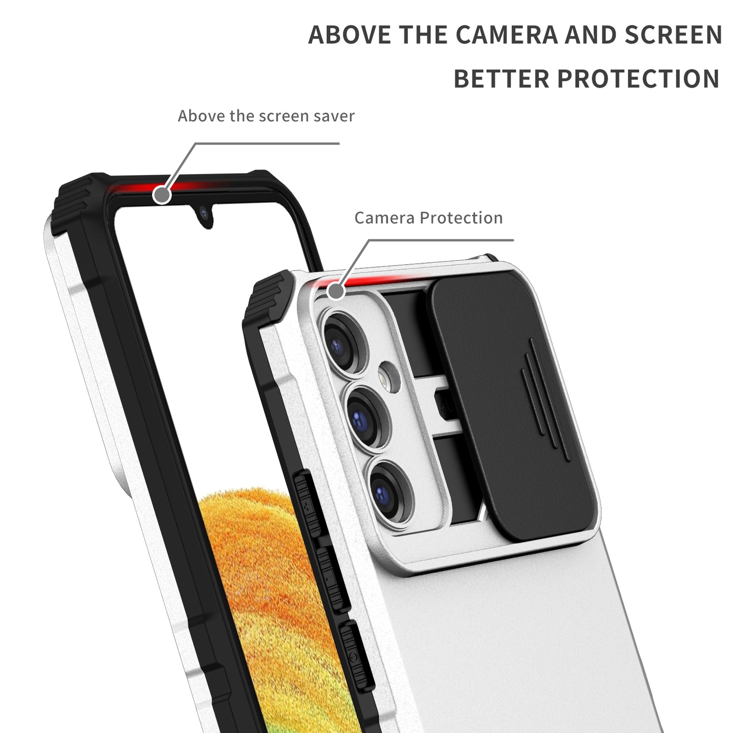 For Samsung Galaxy A34 5G Kickstand Phone Case PC + TPU Phone Protector with Slide Camera Cover