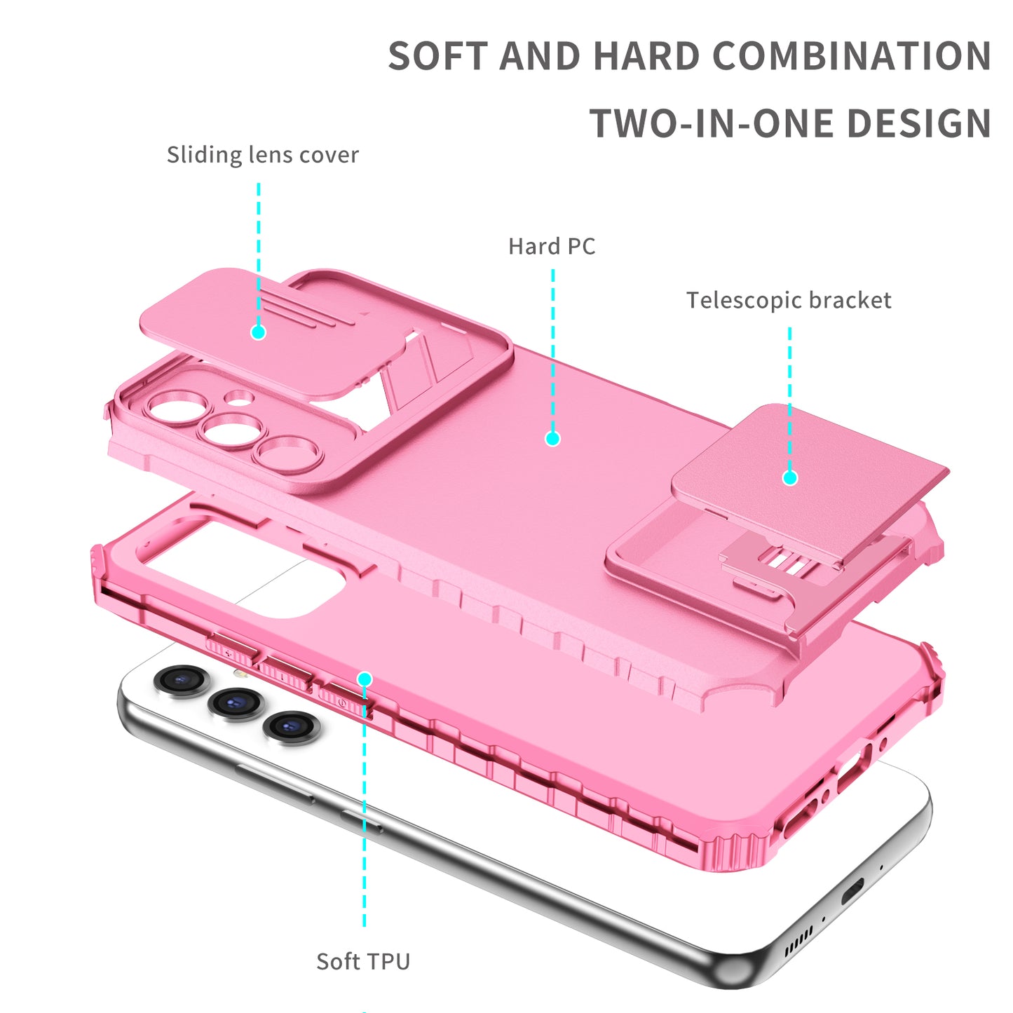 For Samsung Galaxy A34 5G Kickstand Phone Case PC + TPU Phone Protector with Slide Camera Cover