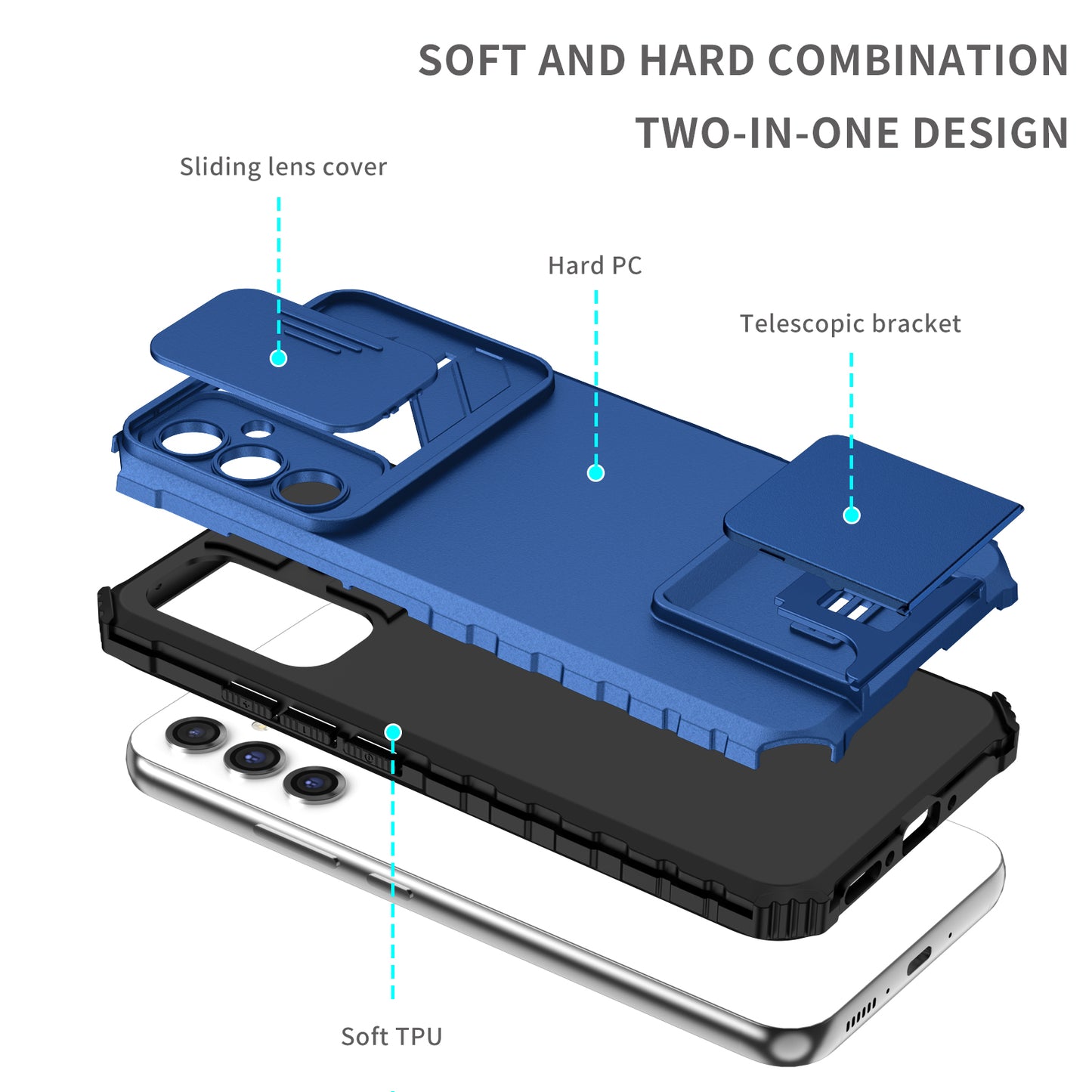 For Samsung Galaxy A34 5G Kickstand Phone Case PC + TPU Phone Protector with Slide Camera Cover