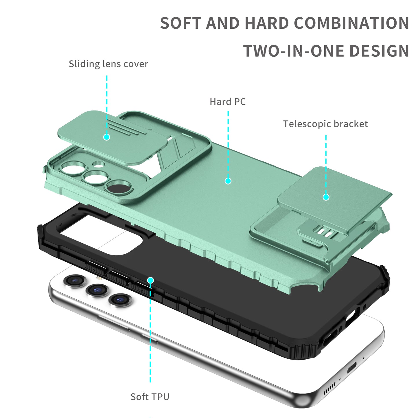 For Samsung Galaxy A34 5G Kickstand Phone Case PC + TPU Phone Protector with Slide Camera Cover