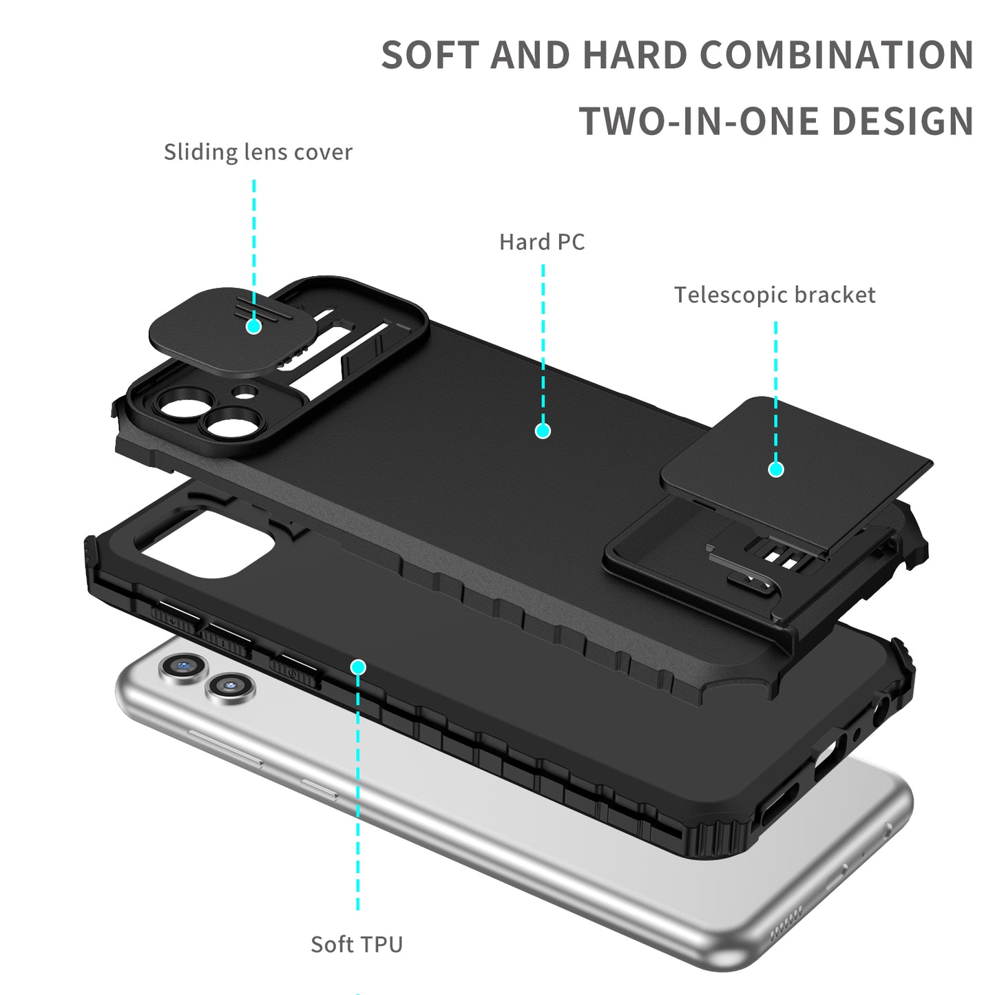 Kickstand Case for Samsung Galaxy A04 4G (164.4 x 76.3 x 9.1 mm) PC + TPU Phone Protector with Slide Camera Cover