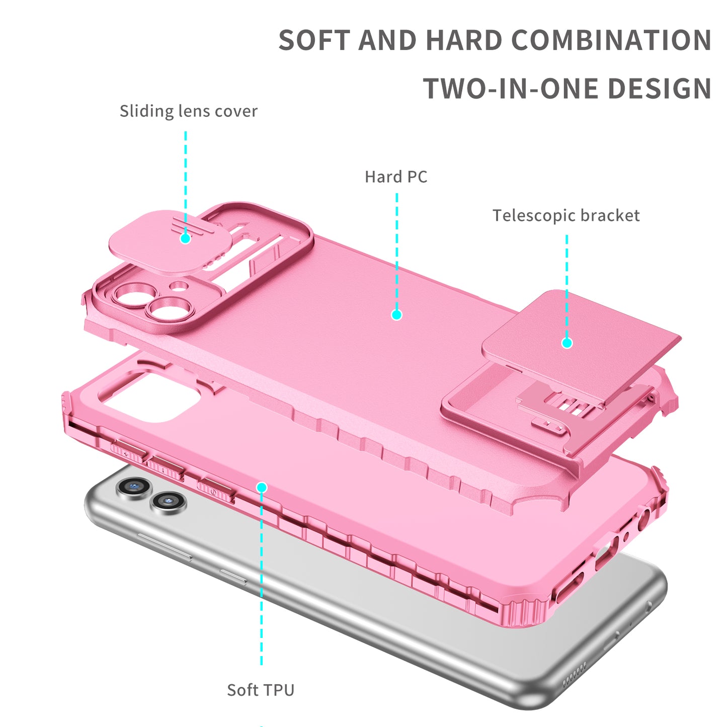 Kickstand Case for Samsung Galaxy A04 4G (164.4 x 76.3 x 9.1 mm) PC + TPU Phone Protector with Slide Camera Cover