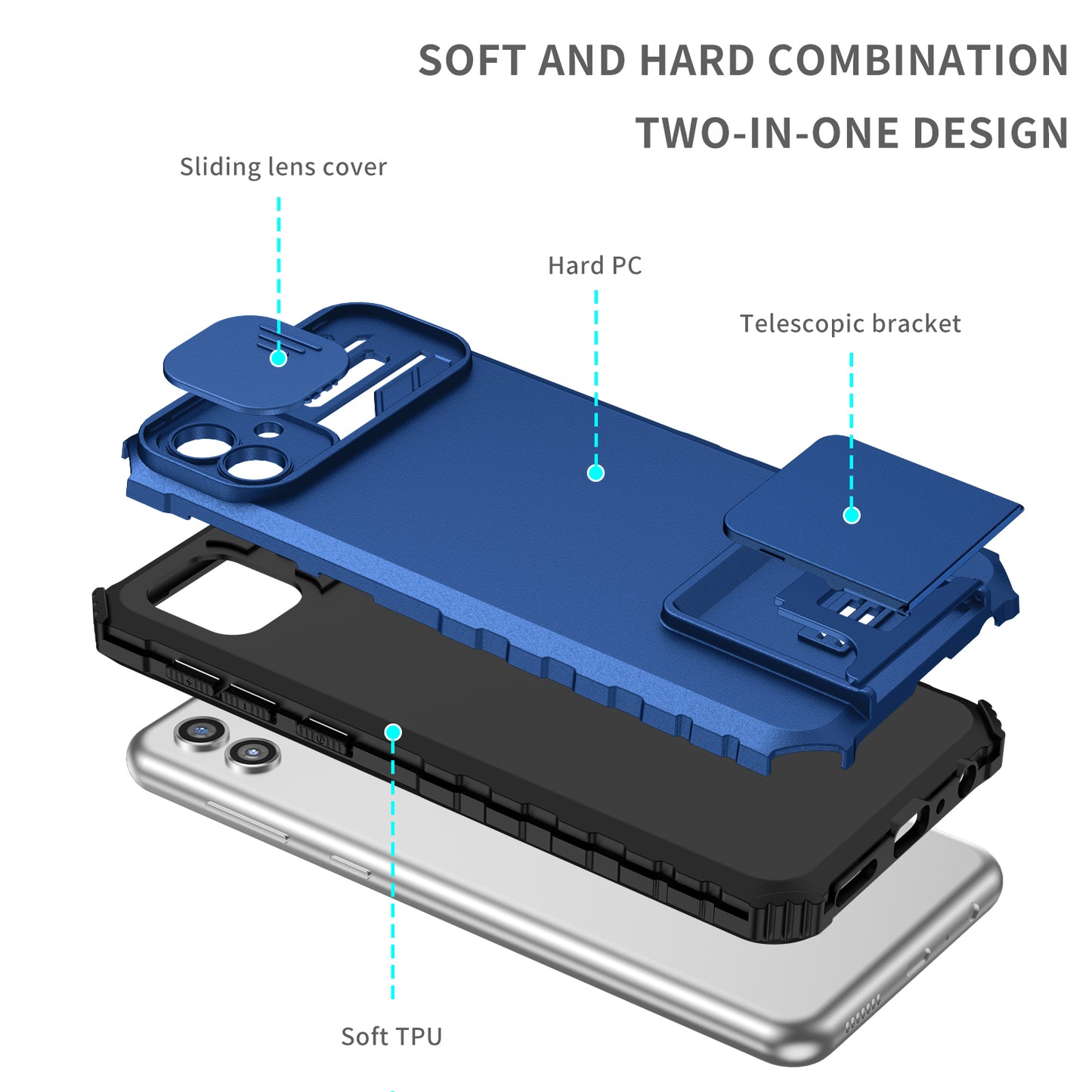 Kickstand Case for Samsung Galaxy A04 4G (164.4 x 76.3 x 9.1 mm) PC + TPU Phone Protector with Slide Camera Cover