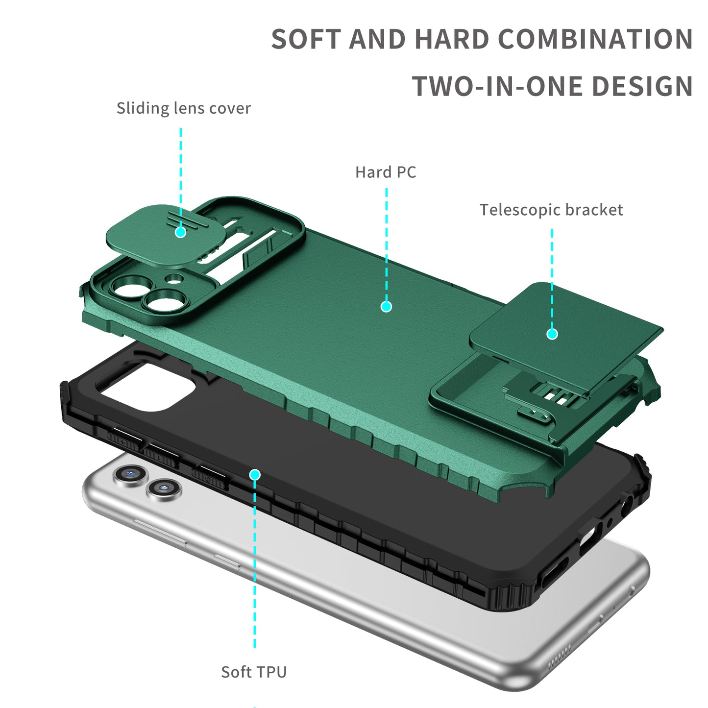 Kickstand Case for Samsung Galaxy A04 4G (164.4 x 76.3 x 9.1 mm) PC + TPU Phone Protector with Slide Camera Cover