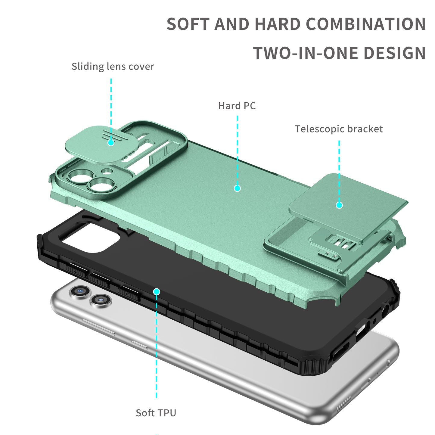 Kickstand Case for Samsung Galaxy A04 4G (164.4 x 76.3 x 9.1 mm) PC + TPU Phone Protector with Slide Camera Cover