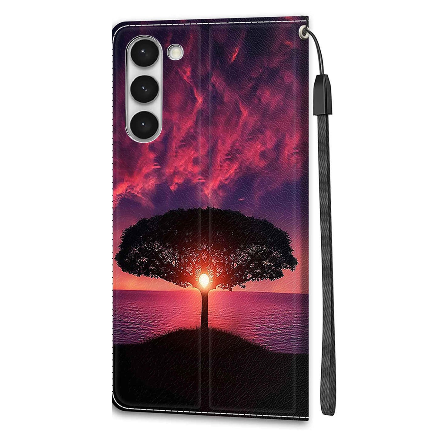 For Samsung Galaxy S23 PU Leather Flip Protective Case Pattern Printed Card Holder Stand Phone Cover with Strap