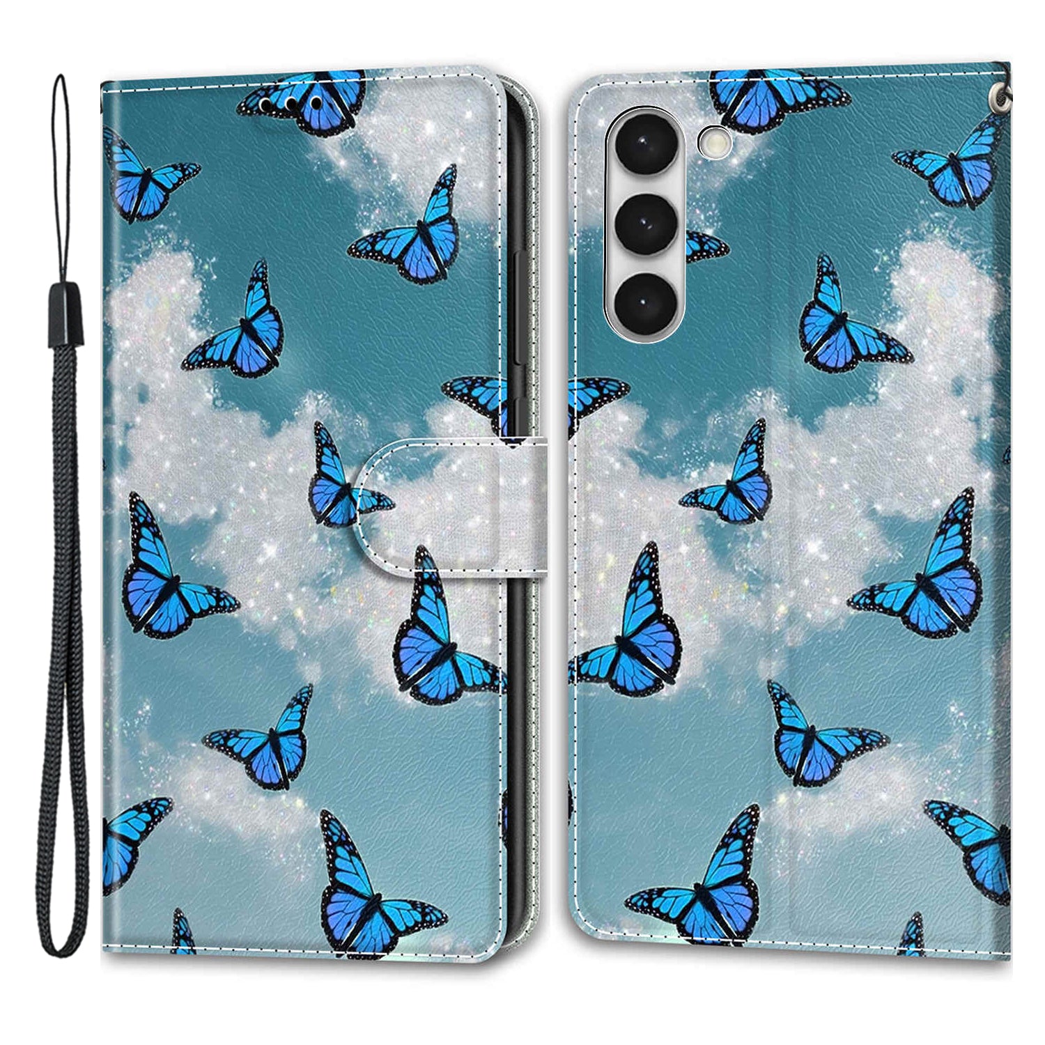 For Samsung Galaxy S23 PU Leather Flip Protective Case Pattern Printed Card Holder Stand Phone Cover with Strap