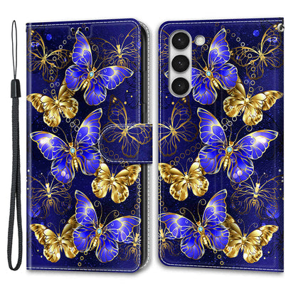 For Samsung Galaxy S23 PU Leather Flip Protective Case Pattern Printed Card Holder Stand Phone Cover with Strap