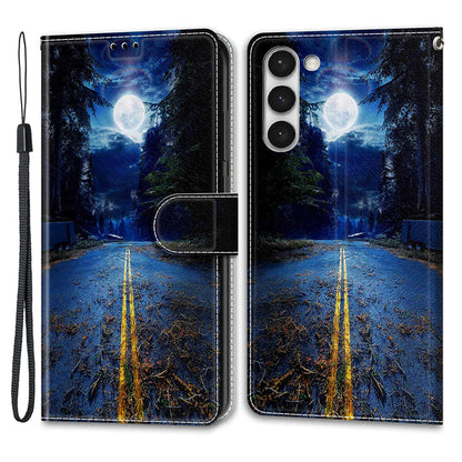 For Samsung Galaxy S23 PU Leather Flip Protective Case Pattern Printed Card Holder Stand Phone Cover with Strap