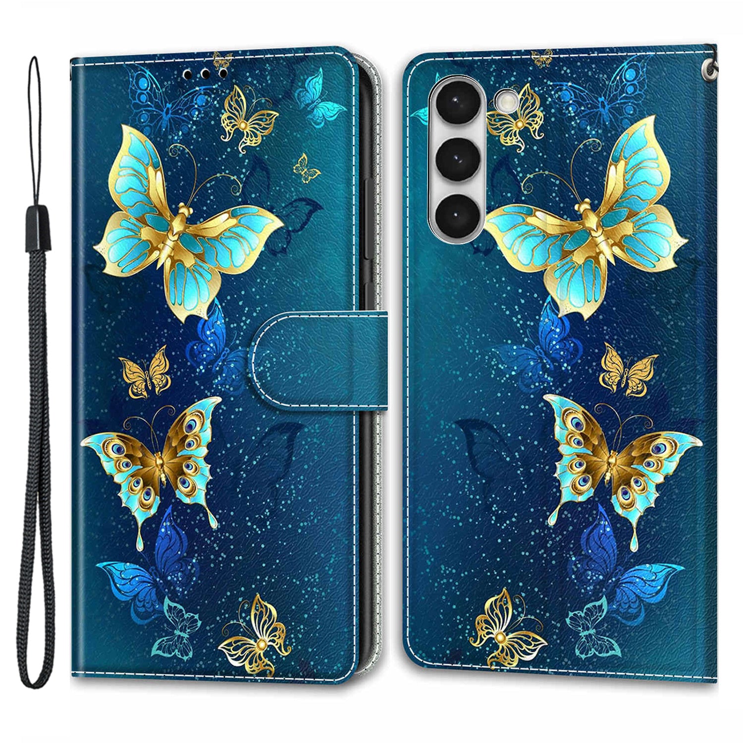 For Samsung Galaxy S23 PU Leather Flip Protective Case Pattern Printed Card Holder Stand Phone Cover with Strap