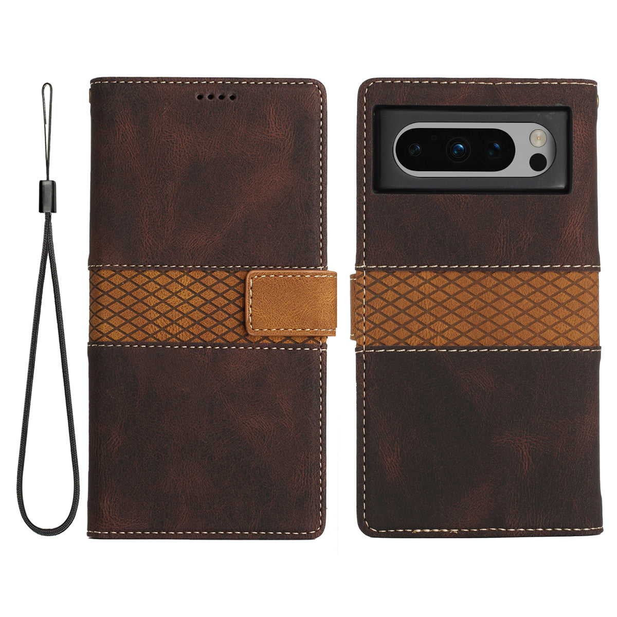 Stand Phone Case for Google Pixel 8 , PU Leather Cover Magnetic Wallet Grid Splicing Phone Shell with Strap