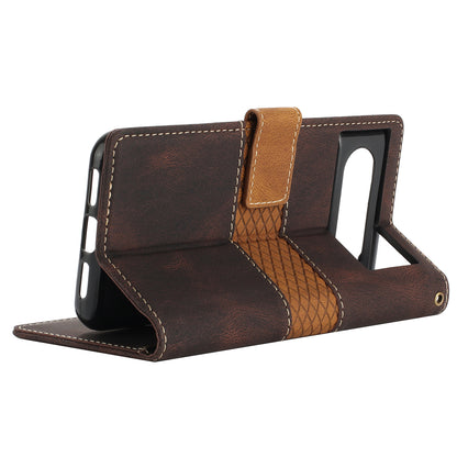 Stand Phone Case for Google Pixel 8 , PU Leather Cover Magnetic Wallet Grid Splicing Phone Shell with Strap