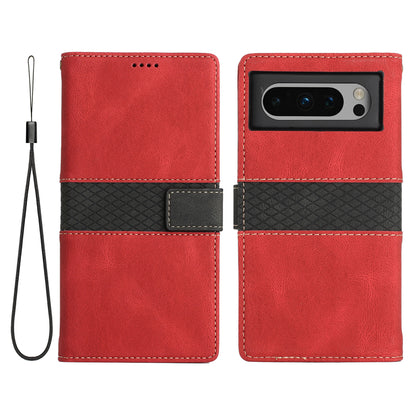 Stand Phone Case for Google Pixel 8 , PU Leather Cover Magnetic Wallet Grid Splicing Phone Shell with Strap