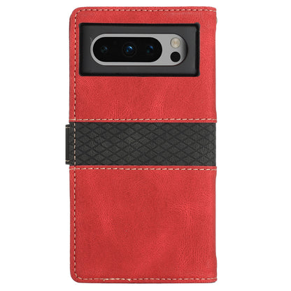 Stand Phone Case for Google Pixel 8 , PU Leather Cover Magnetic Wallet Grid Splicing Phone Shell with Strap