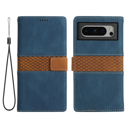 Stand Phone Case for Google Pixel 8 , PU Leather Cover Magnetic Wallet Grid Splicing Phone Shell with Strap