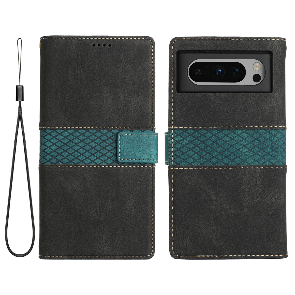 Stand Phone Case for Google Pixel 8 , PU Leather Cover Magnetic Wallet Grid Splicing Phone Shell with Strap