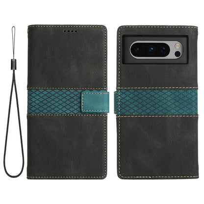 Stand Phone Case for Google Pixel 8 , PU Leather Cover Magnetic Wallet Grid Splicing Phone Shell with Strap