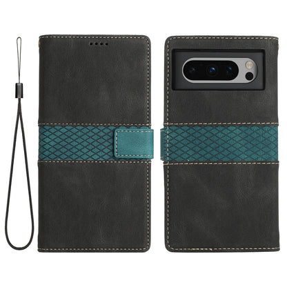 For Google Pixel 8 Pro PU Leather Cover Magnetic Flip Wallet Grid Splicing Phone Stand Case with Strap