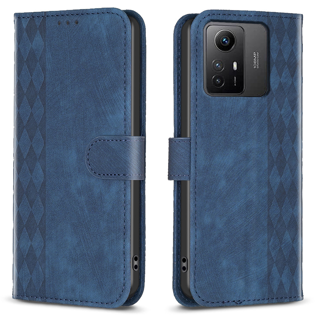 For Xiaomi Redmi Note 12S 4G Phone Cover Grid Pattern Imprinted Stand Wallet PU Leather Phone Case