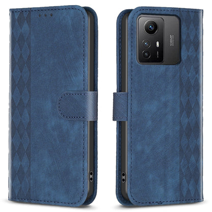 For Xiaomi Redmi Note 12S 4G Phone Cover Grid Pattern Imprinted Stand Wallet PU Leather Phone Case