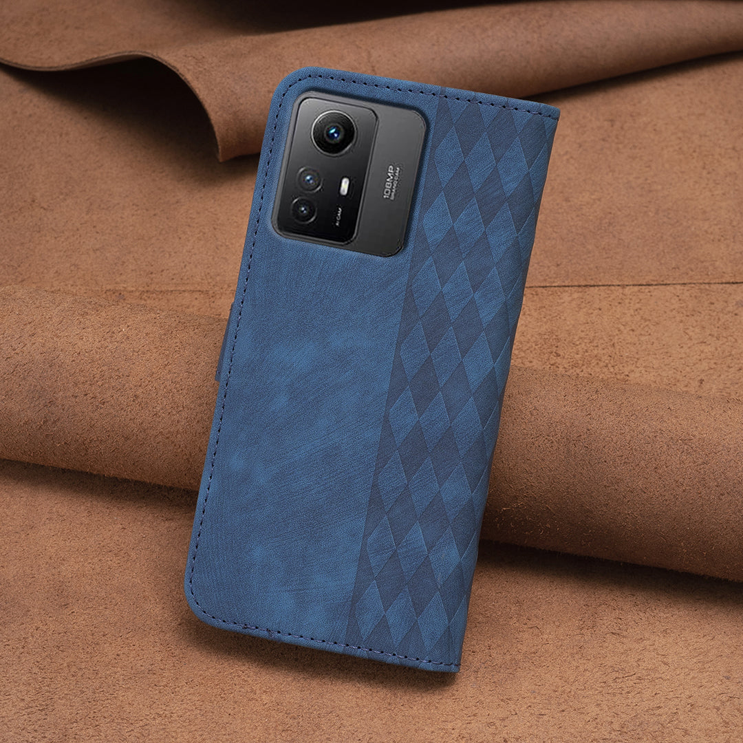 For Xiaomi Redmi Note 12S 4G Phone Cover Grid Pattern Imprinted Stand Wallet PU Leather Phone Case