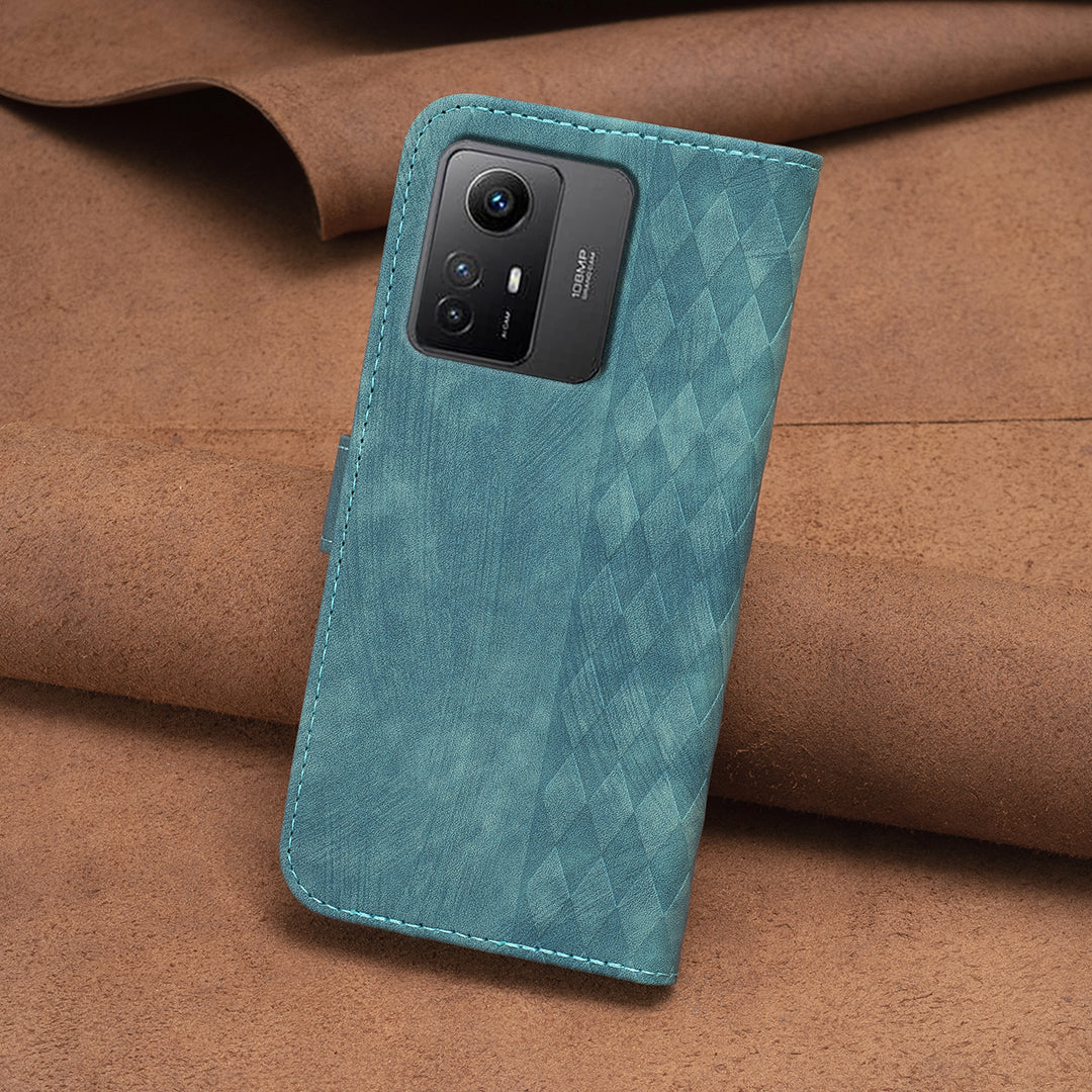 For Xiaomi Redmi Note 12S 4G Phone Cover Grid Pattern Imprinted Stand Wallet PU Leather Phone Case