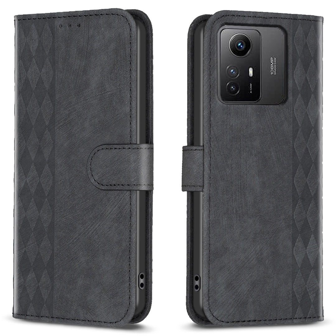 For Xiaomi Redmi Note 12S 4G Phone Cover Grid Pattern Imprinted Stand Wallet PU Leather Phone Case