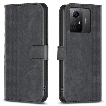 For Xiaomi Redmi Note 12S 4G Phone Cover Grid Pattern Imprinted Stand Wallet PU Leather Phone Case