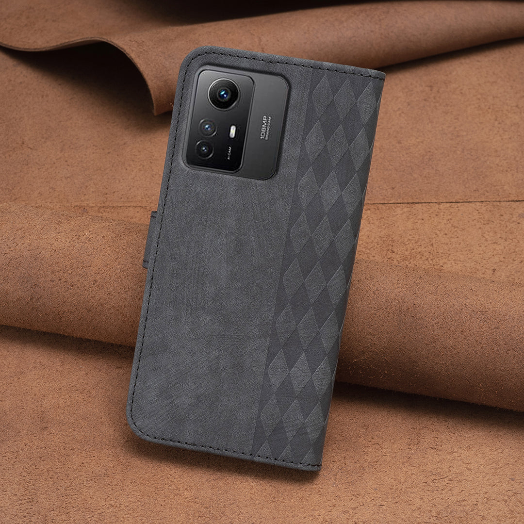 For Xiaomi Redmi Note 12S 4G Phone Cover Grid Pattern Imprinted Stand Wallet PU Leather Phone Case