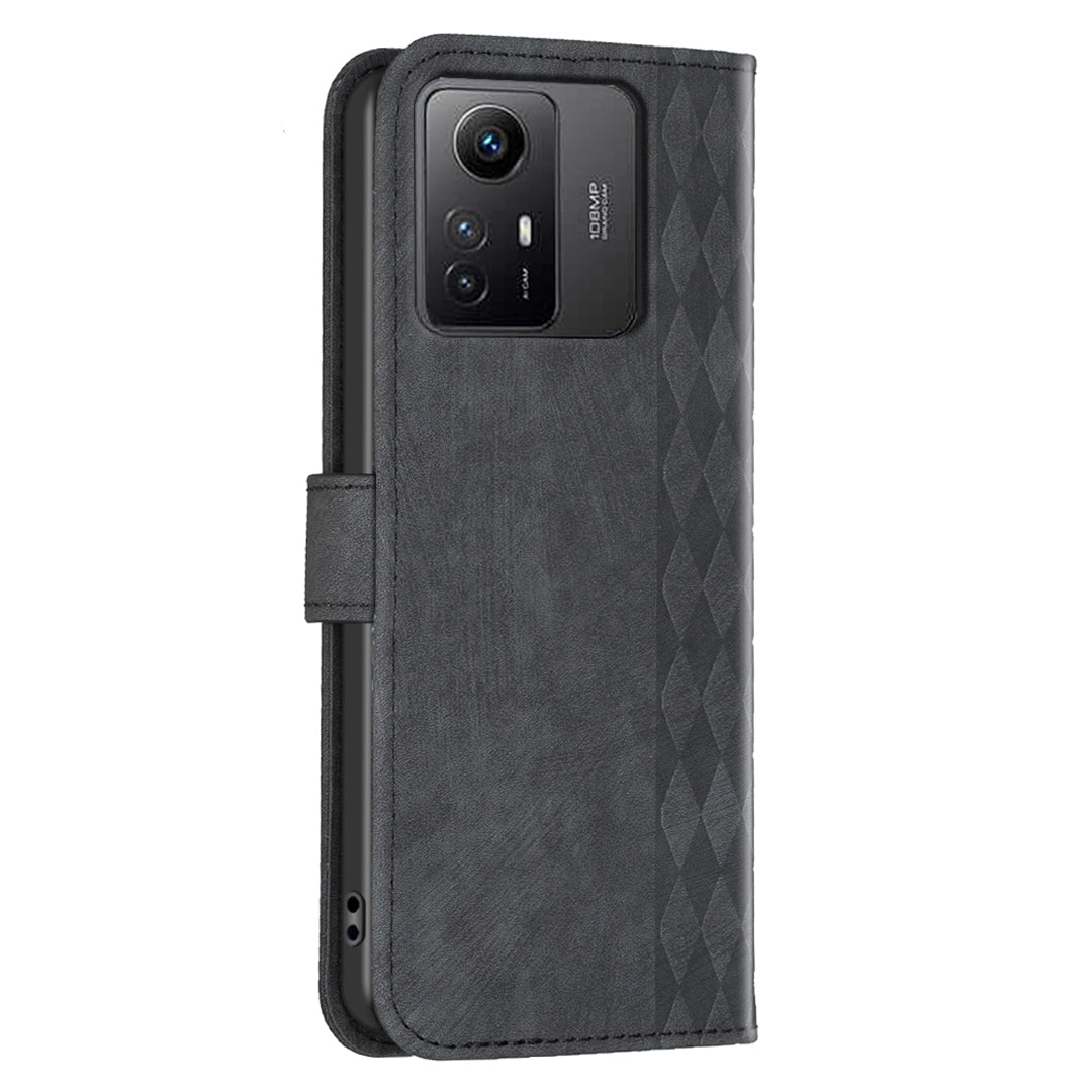 For Xiaomi Redmi Note 12S 4G Phone Cover Grid Pattern Imprinted Stand Wallet PU Leather Phone Case