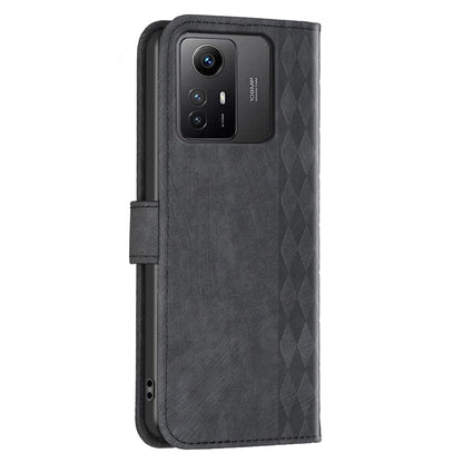For Xiaomi Redmi Note 12S 4G Phone Cover Grid Pattern Imprinted Stand Wallet PU Leather Phone Case