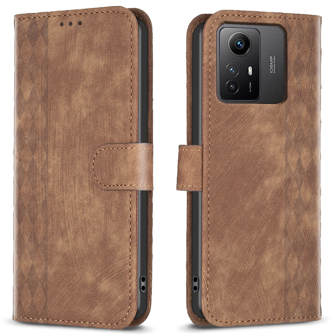 For Xiaomi Redmi Note 12S 4G Phone Cover Grid Pattern Imprinted Stand Wallet PU Leather Phone Case
