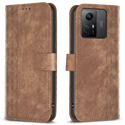 For Xiaomi Redmi Note 12S 4G Phone Cover Grid Pattern Imprinted Stand Wallet PU Leather Phone Case