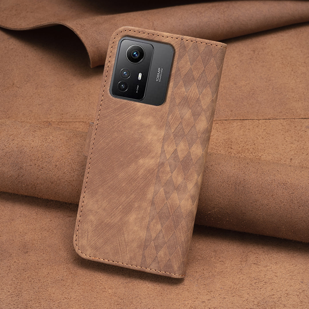 For Xiaomi Redmi Note 12S 4G Phone Cover Grid Pattern Imprinted Stand Wallet PU Leather Phone Case