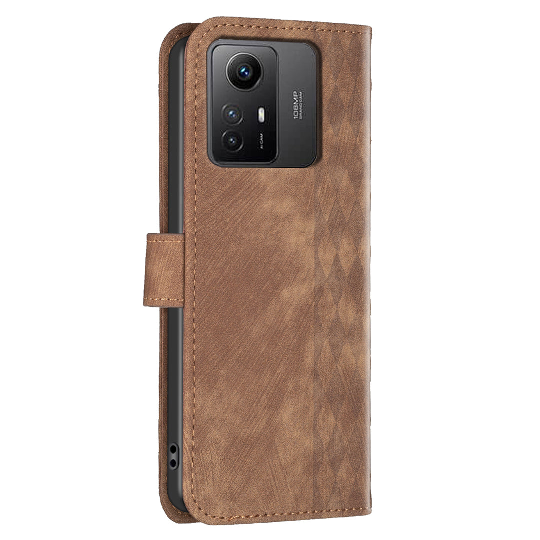 For Xiaomi Redmi Note 12S 4G Phone Cover Grid Pattern Imprinted Stand Wallet PU Leather Phone Case