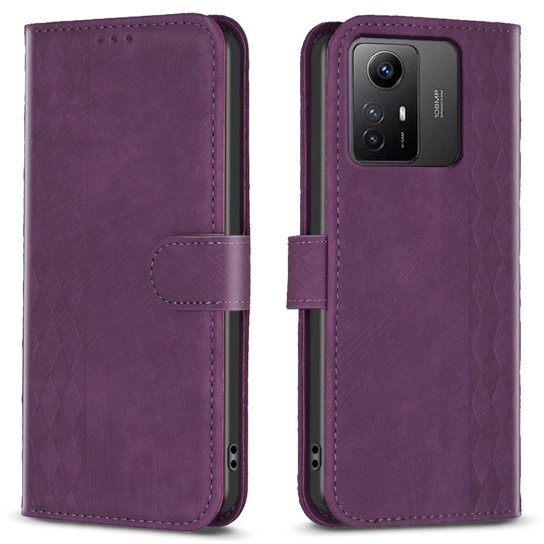 For Xiaomi Redmi Note 12S 4G Phone Cover Grid Pattern Imprinted Stand Wallet PU Leather Phone Case