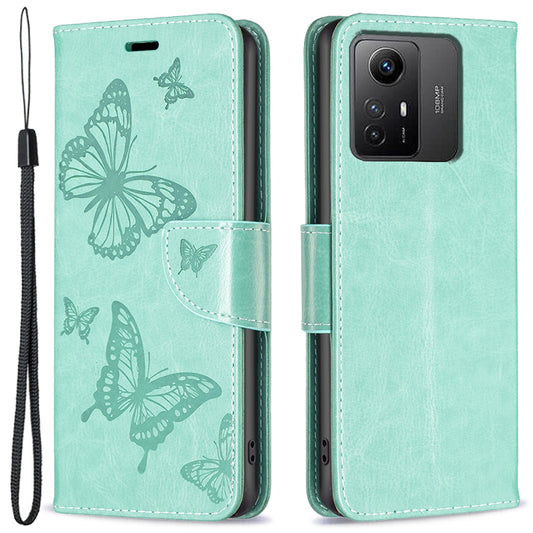 For Xiaomi Redmi Note 12S 4G Stand Wallet Phone Case Butterfly Imprinted Leather Flip Cover with Strap