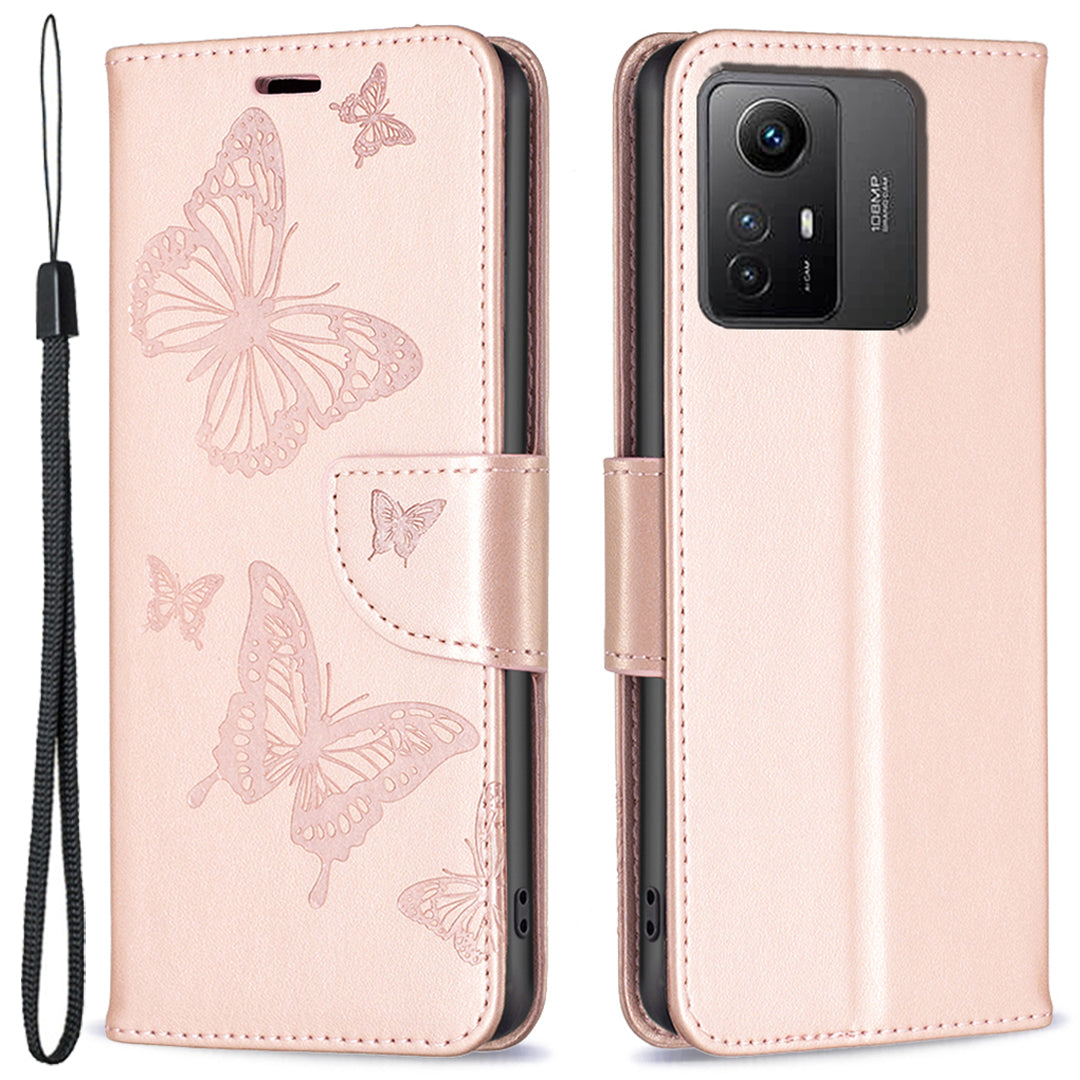 For Xiaomi Redmi Note 12S 4G Stand Wallet Phone Case Butterfly Imprinted Leather Flip Cover with Strap