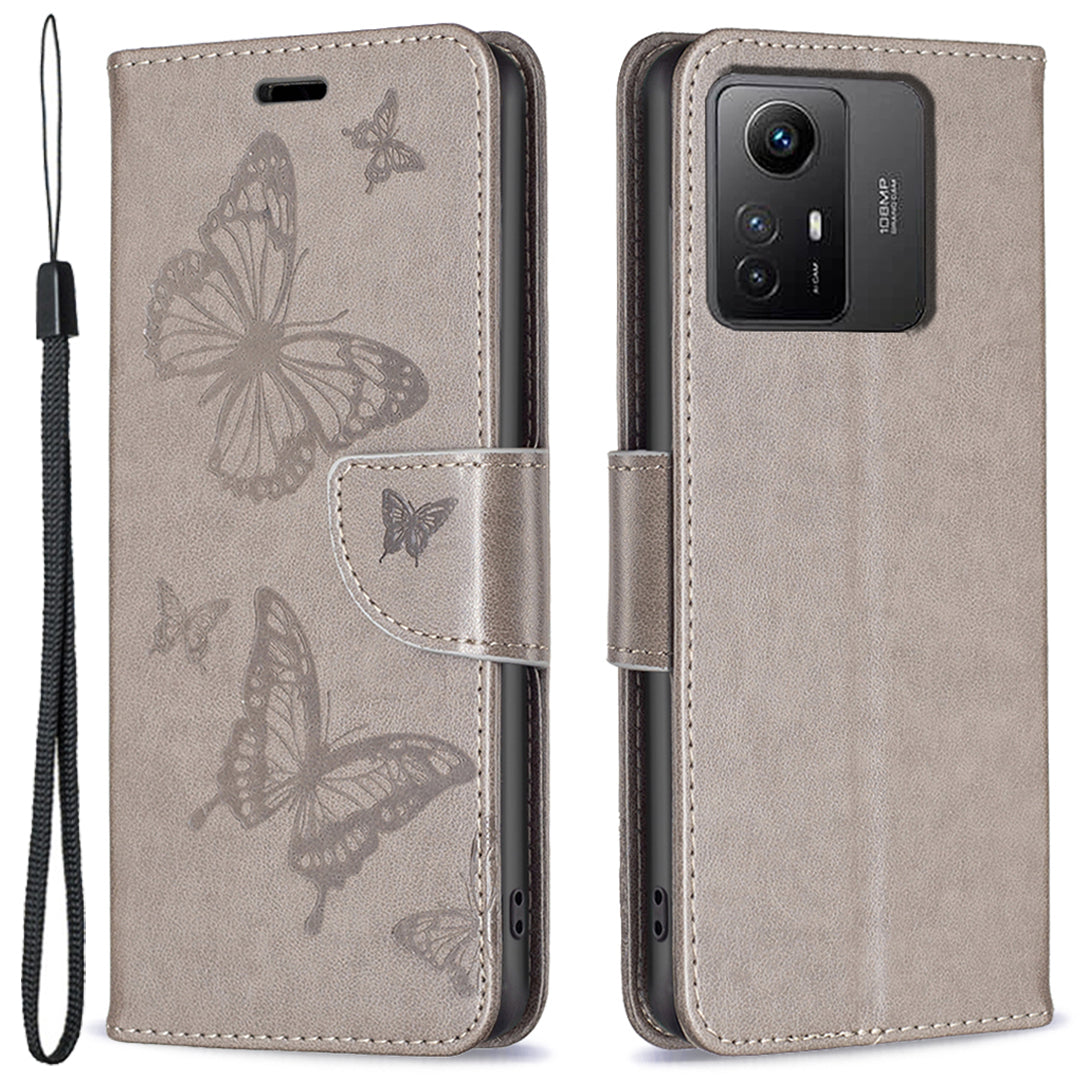 For Xiaomi Redmi Note 12S 4G Stand Wallet Phone Case Butterfly Imprinted Leather Flip Cover with Strap