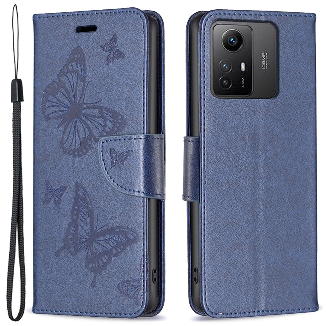 For Xiaomi Redmi Note 12S 4G Stand Wallet Phone Case Butterfly Imprinted Leather Flip Cover with Strap