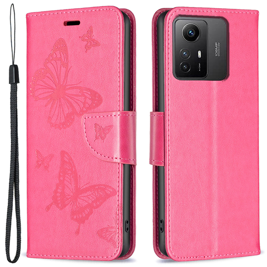 For Xiaomi Redmi Note 12S 4G Stand Wallet Phone Case Butterfly Imprinted Leather Flip Cover with Strap