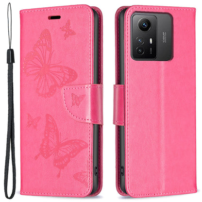 For Xiaomi Redmi Note 12S 4G Stand Wallet Phone Case Butterfly Imprinted Leather Flip Cover with Strap