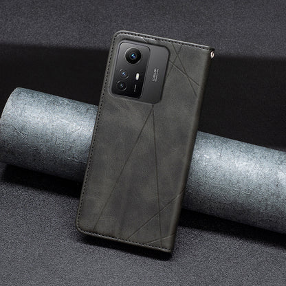 For Xiaomi Redmi Note 12S 4G Splicing Style Phone Case Imprinted Line Stand Card Holder Leather Cover