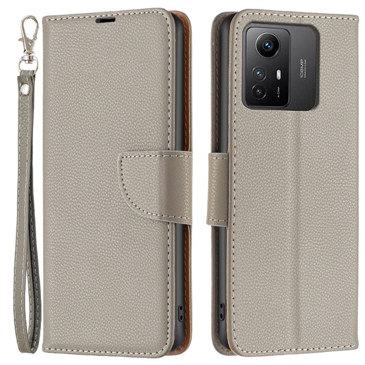 Flip Stand Phone Cover for Xiaomi Redmi Note 12S 4G , Wallet PU Leather Litchi Texture Phone Case with Strap