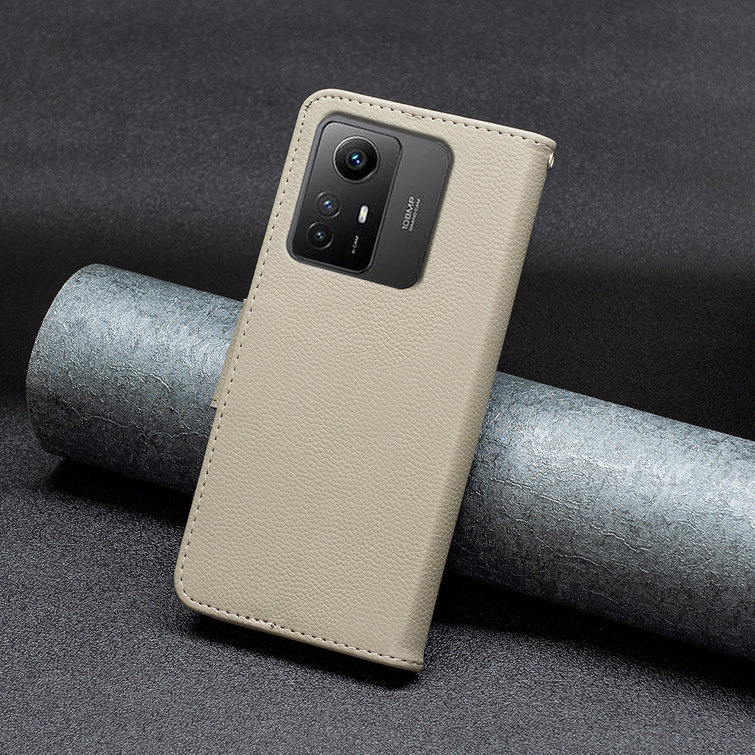 Flip Stand Phone Cover for Xiaomi Redmi Note 12S 4G , Wallet PU Leather Litchi Texture Phone Case with Strap