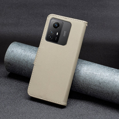 Flip Stand Phone Cover for Xiaomi Redmi Note 12S 4G , Wallet PU Leather Litchi Texture Phone Case with Strap