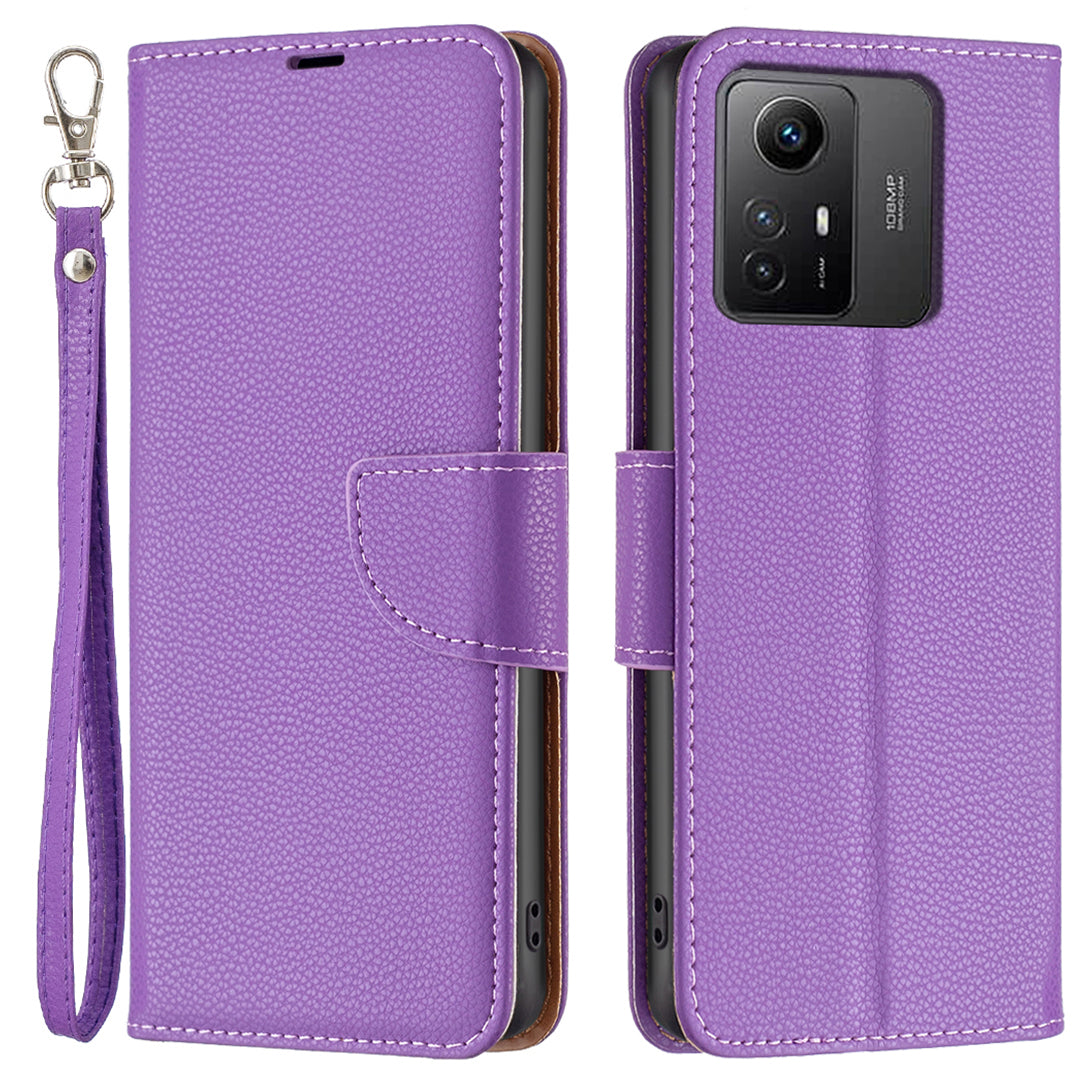 Flip Stand Phone Cover for Xiaomi Redmi Note 12S 4G , Wallet PU Leather Litchi Texture Phone Case with Strap