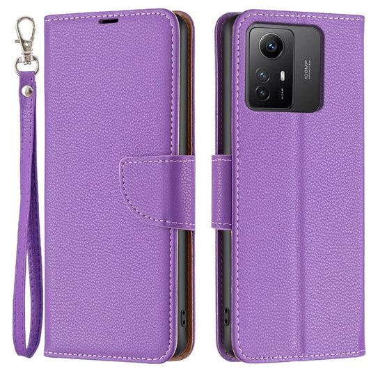 Flip Stand Phone Cover for Xiaomi Redmi Note 12S 4G , Wallet PU Leather Litchi Texture Phone Case with Strap