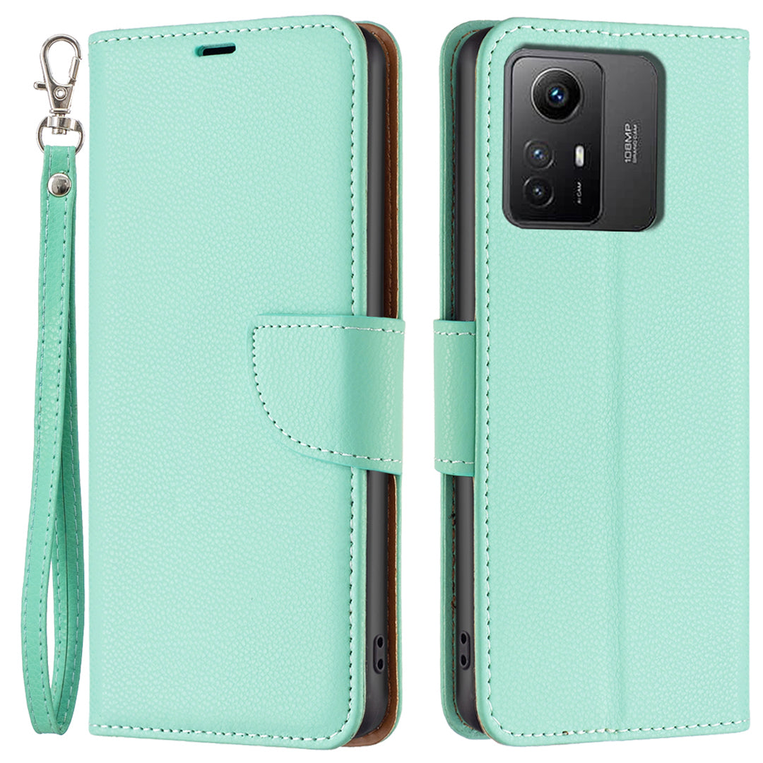 Flip Stand Phone Cover for Xiaomi Redmi Note 12S 4G , Wallet PU Leather Litchi Texture Phone Case with Strap